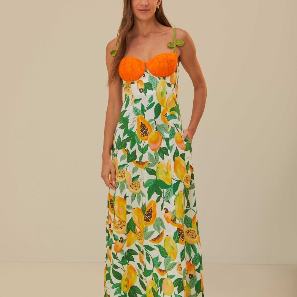 Farm rio papaya Tropical Print Maxi Dress with Orange Accents